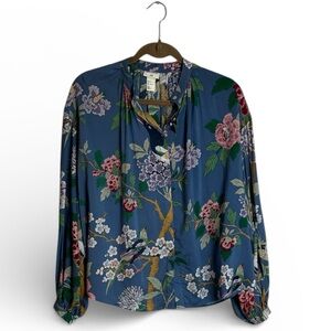 H&M x GP & J Baker Blue Floral Blouse Top Bird Print 2X